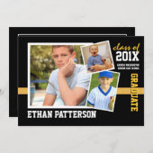 スポーティな3写真の卒業の発表の黒の金ゴールド 招待状 (正面/裏面)