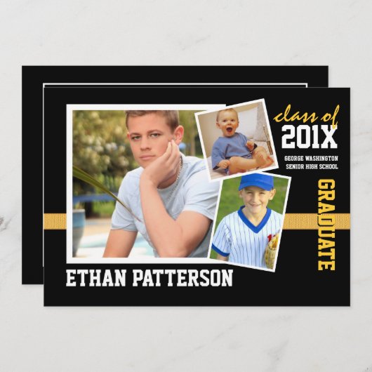 スポーティな3写真の卒業の発表の黒の金ゴールド 招待状 (正面/裏面)