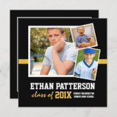 スポーティな3写真の卒業の発表の黒の金ゴールド 招待状 (正面/裏面)