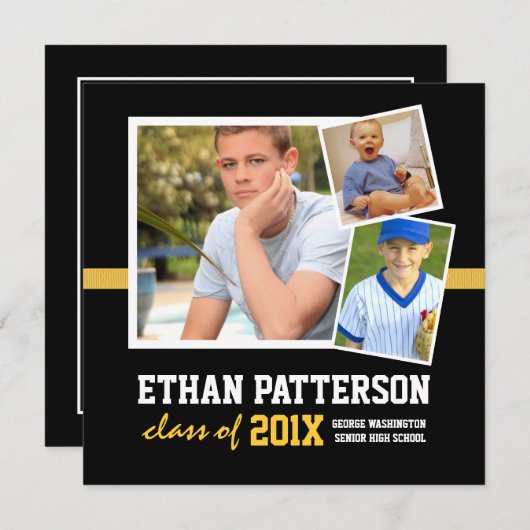 スポーティな3写真の卒業の発表の黒の金ゴールド 招待状 (正面/裏面)