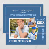 スポーティな3枚の写真を使った卒業発表 青と白 招待状 (正面/裏面)