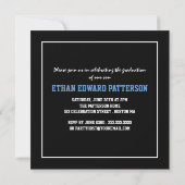 スポーティな3枚の写真を使った卒業発表 黒と青 招待状 (裏面)