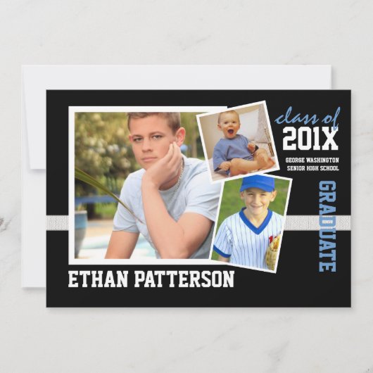 スポーティな3枚写真 卒業おめでとう 黒 青 招待状 (正面)