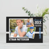 スポーティな3枚写真 卒業おめでとう 黒 青 招待状 (スタンド正面)