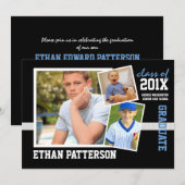 スポーティな3枚写真 卒業おめでとう 黒 青 招待状 (正面/裏面)