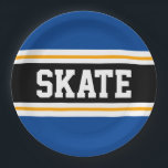 スポーティはっきりしたティール（緑がかった色）ブラックイエロースケートレーシングストライプズ ペーパープレート<br><div class="desc">このスポーティでアスレチックはっきりしたなデザインは、ティール（緑がかった色）ブルーのアウターに対してストライプダブル白と黄色のレースの文字とハイライトされたワイドな黒いの中にSKATEストライプのを備えてストライプいる。この文字はパーソナライズされた、</div>