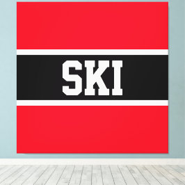スポーティはっきりしたブライトレッド白黒「SKI」ストライプ キャンバスプリント