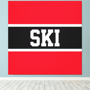 スポーティはっきりしたブライトレッド白黒「SKI」ストライプ キャンバスプリント