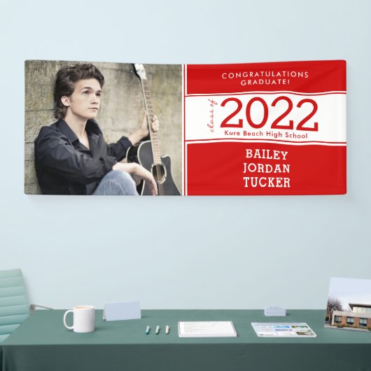 スポーティはっきりしたー・ブライト・レッド・ホワイト・フォトの卒業 横断幕 (トレードショー)