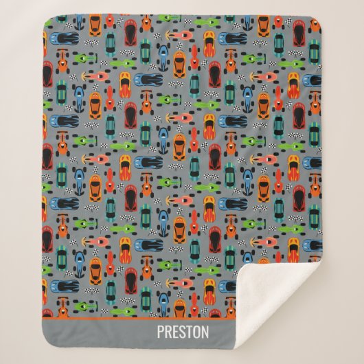 スポーティカラフルレーシングカーキッズパーソナライズされた シェルパブランケット (正面)