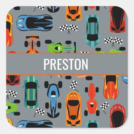 スポーティカラフルレーシングカーキッズパーソナライズされた スクエアシール (正面)