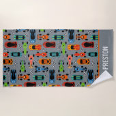 スポーティカラフルレーシングカーキッズパーソナライズされた ビーチタオル (正面)