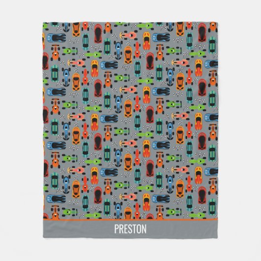 スポーティカラフルレーシングカーキッズパーソナライズされた フリースブランケット (正面)