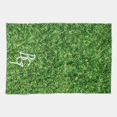 スポーティグリーングラスバックグラウンドモノグラムイニシャル キッチンタオル (横)