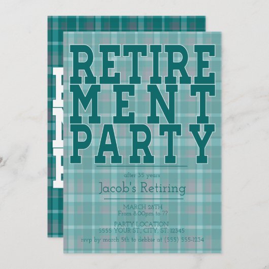 スポーティグリーンプレイド退職パーティの招待状 招待状 (正面/裏面)