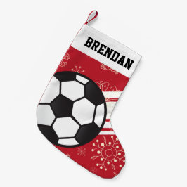 スポーティパーソナライズされたなストライプサッカーボールレッド スモールクリスマスストッキング