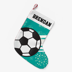 スポーティパーソナライズされたーストライプズサッカーボールティール スモールクリスマスストッキング