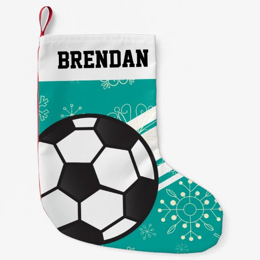 スポーティパーソナライズされたーストライプズサッカーボールティール(緑がかった色)ブルー スモールクリスマスストッキング (正面)