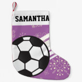 スポーティパーソナライズされた・ストライプズ・サッカー・ボール・パープル スモールクリスマスストッキング (正面)