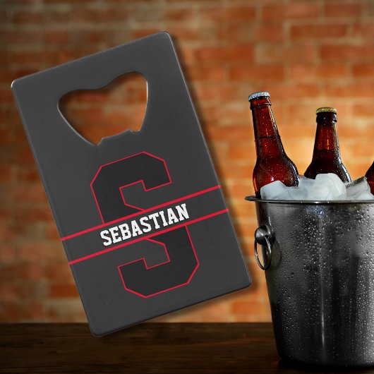 スポーティブラックレッドホワイトモノグラパーソナライズされたム クレジットカード栓抜き