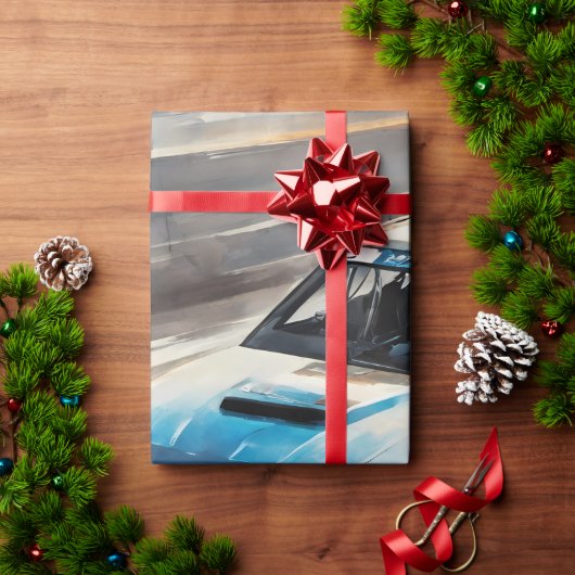 スポーティブルーレーシングカー ラッピングペーパー (クリスマスギフト)