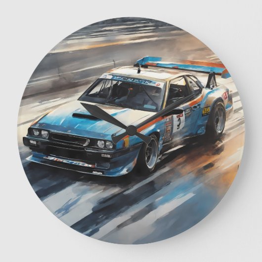 スポーティブルーレーシングカー ラージ壁時計 (正面)