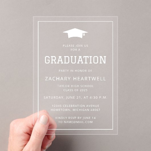 スポーティホワイト卒業パーティー招待状 アクリル招待状 (インサイチュ (ポータブル))