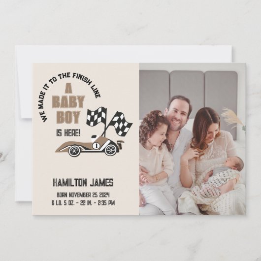 スポーティレースカー男の赤ちゃん誕生 案内状 (正面)