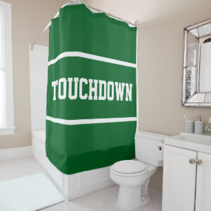 スポーティーなアスリートグリーンのTOUCHDOWN 白い文字のストライプ シャワーカーテン