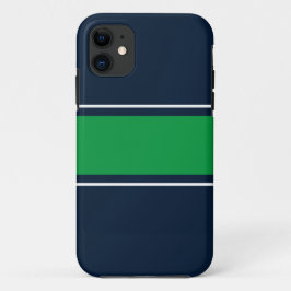 スポーティーなグリーンとホワイトのレーシングストライプ ネイビーブルー iPhone 11 ケース