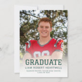 スポーティーなグリーンゴールドの写真入り卒業発表 招待状 (正面)