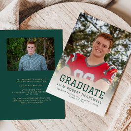 スポーティーなグリーンゴールドの写真入り卒業発表 招待状