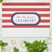 スポーティ赤白青航海のズストライプモノグラム キッチンタオル (折り畳み)