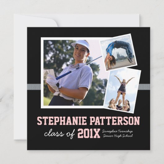 スポーティ3フォト卒業発表ブラックピンク 招待状 (正面)