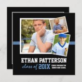 スポーティ3フォト卒業発表ブラックブルー 招待状 (正面/裏面)