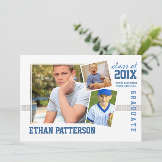 スポーティ3フォト卒業発表ホワイトブルー 招待状 (スタンド正面)