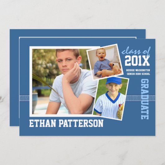スポーティ3フォト卒業発表青白 招待状 (正面/裏面)