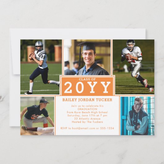 スポーティ5 – フォトオレンジ白の卒業招待状 案内状 (正面)