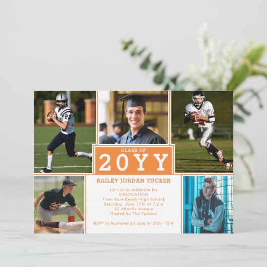 スポーティ5 – フォトオレンジ白の卒業招待状 案内状 (スタンド正面)