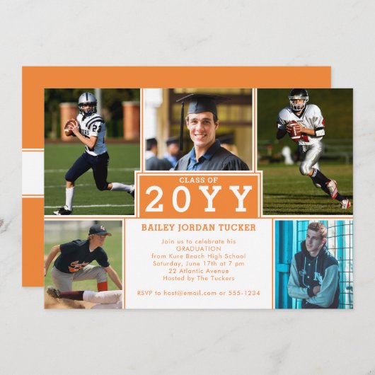 スポーティ5 – フォトオレンジ白の卒業招待状 案内状 (正面/裏面)
