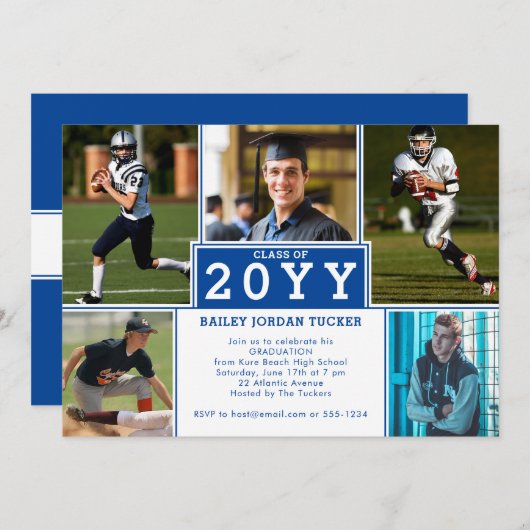 スポーティ5 – フォト深いブルー卒業招待状 案内状 (正面/裏面)
