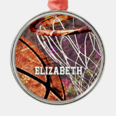 スポーティ・ガールズバスケットボールとフープ彼女の名前 メタルオーナメント (正面)