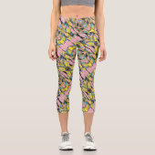 スポーティ，稲妻ピンクとグリーン抽象芸術アートdesi カプリレギンス (正面)