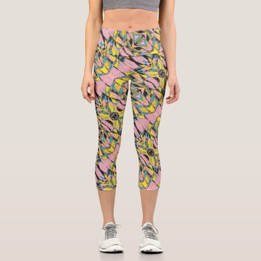 スポーティ，稲妻ピンクとグリーン抽象芸術アートdesi カプリレギンス (正面)