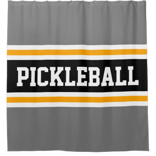 スポーティPICKLEBALLおもしろいグレーブラックレーシングストライプズ シャワーカーテン (正面)