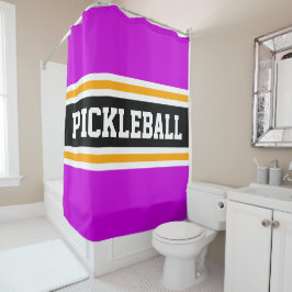 スポーティPICKLEBALLおもしろいピンクブラックレーシングストライプズ シャワーカーテン