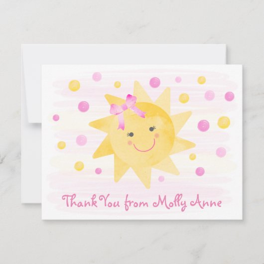 スマイリングサンシャインピンク＆イエローのドットガール サンキューカード (正面)