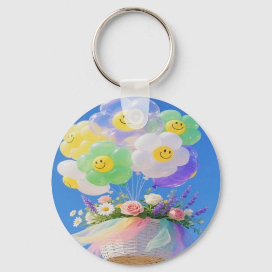 スマイリーバルーンとフラワーバスケットのキーチェーン キーホルダー (正面)