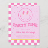 スマイリー名門私立校風の顔ガールピンク誕生日招待状 招待状 (正面/裏面)