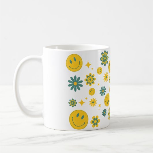 スマイルおもしろい顔及び溝状の花 コーヒーマグカップ (左)